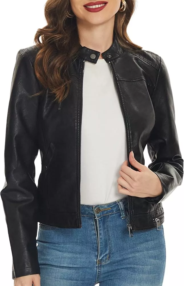 Fahsyee Women's Zip Up Faux Leather Jacket