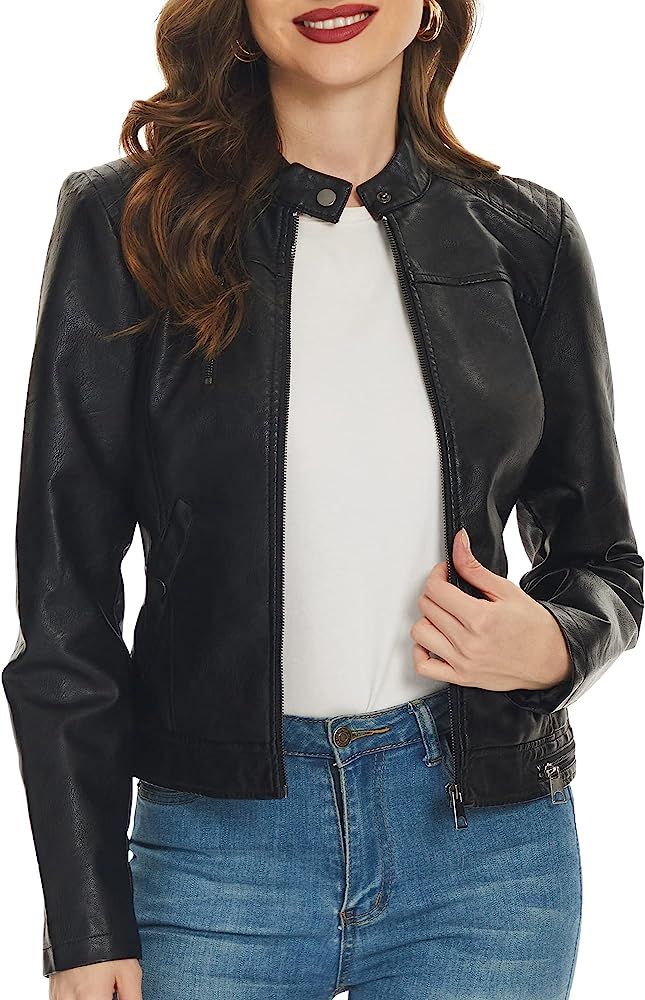 Fahsyee Women's Faux Leather Jackets, Zip Up Motorcycle Short PU Moto Biker Outwear Fitted Slim C... | Amazon (US)