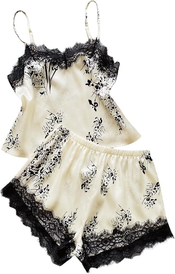 WDIRARA Women's 2 Piece Lace Trim Graphic Satin Pajama Set Camisole Shorts Pjs Sleepwear | Amazon (US)