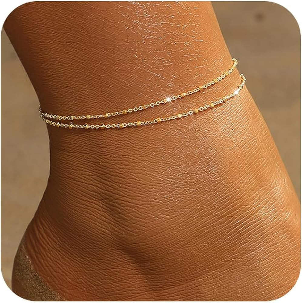 Gold Ankle Bracelets for women,14k Gold/Silver Plated Waterproof Layered lightweight Cuban Link F... | Amazon (US)