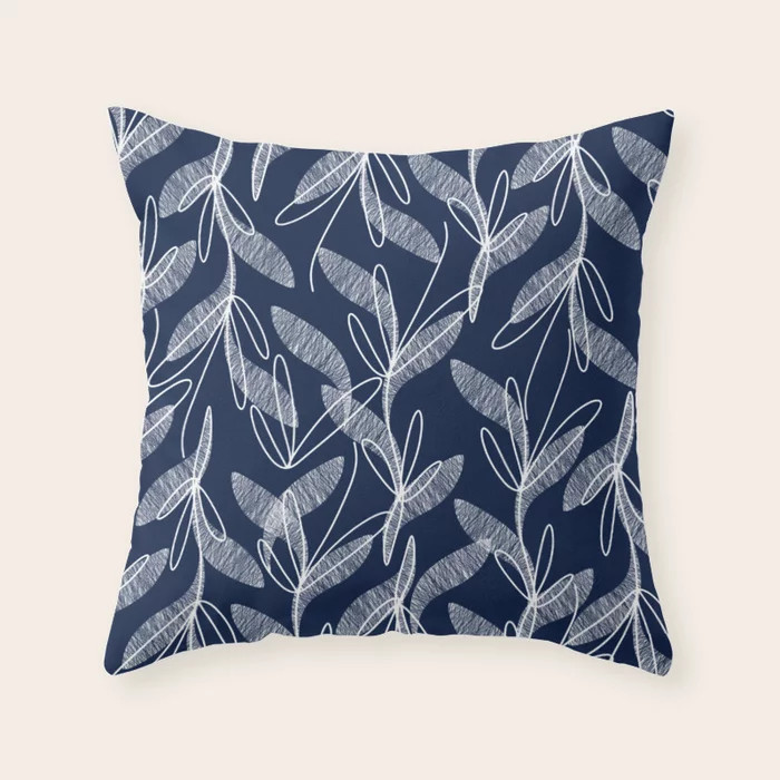 Etched Leaves Botanical Pattern in White and Nautical Navy Blue Throw Pillow | Society6