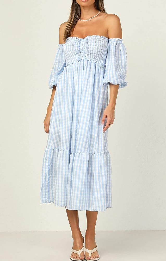 R.Vivimos Summer Dress for Women Cotton Plaid Puff Sleeves Boho Off-Shoulder Casual Ruffled Flowy Mi | Amazon (US)