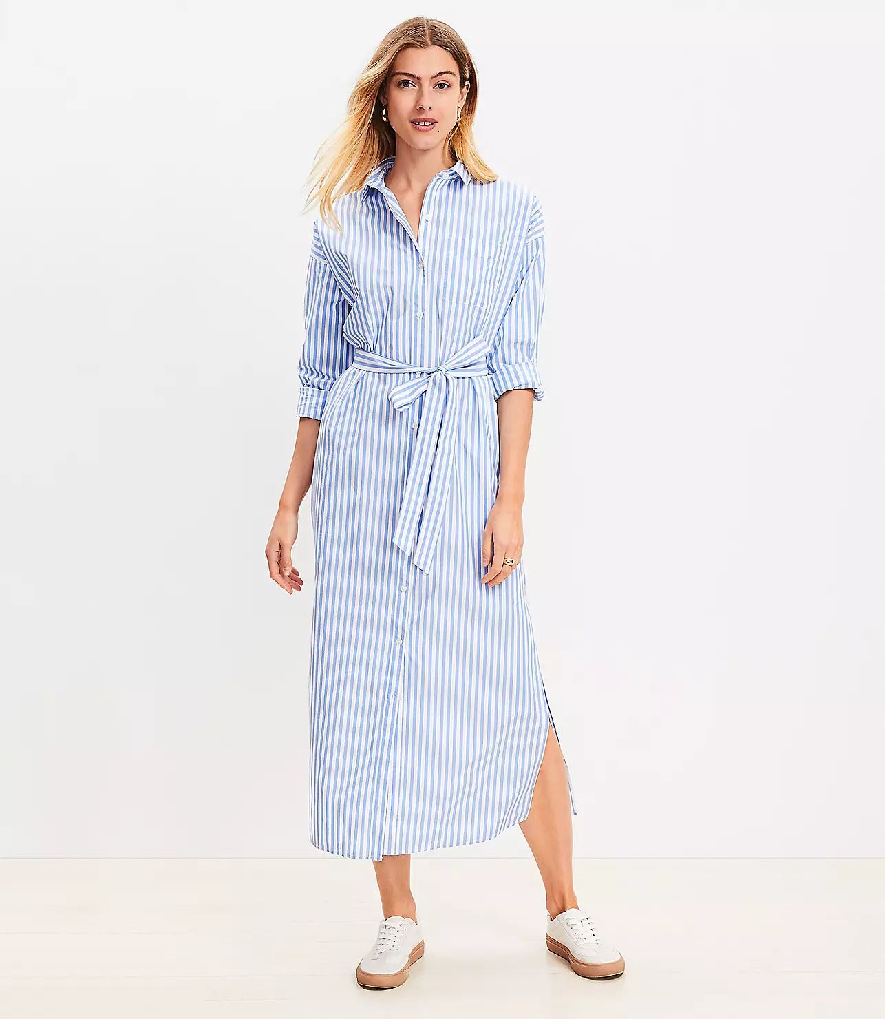 Petite Striped Poplin Belted Pocket Shirtdress | LOFT