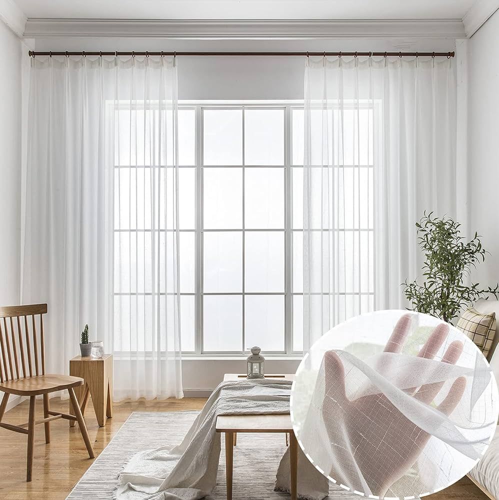 Ftinala Sheer Curtains 90 Inch Length 2 Panels Set Faux Linen Look Custom Long See Through Drapes... | Amazon (US)