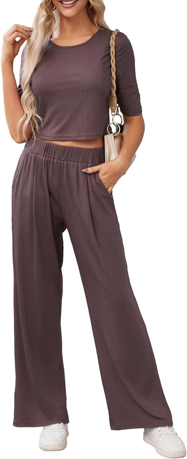 ZAFUL Women Two Piece Pajamas Set Solid Ribbed Knit Long Sleeve Crop Top Wide Leg Pants Loungewea... | Amazon (US)