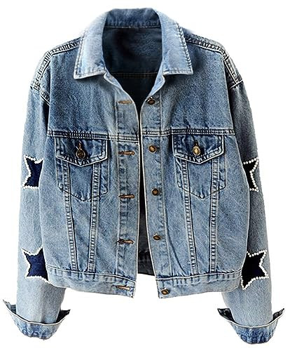 Kedera Women Pearls Beading Denim Jacket Long Sleeve Button Down Distressed Ripped Jean Coat | Amazon (US)