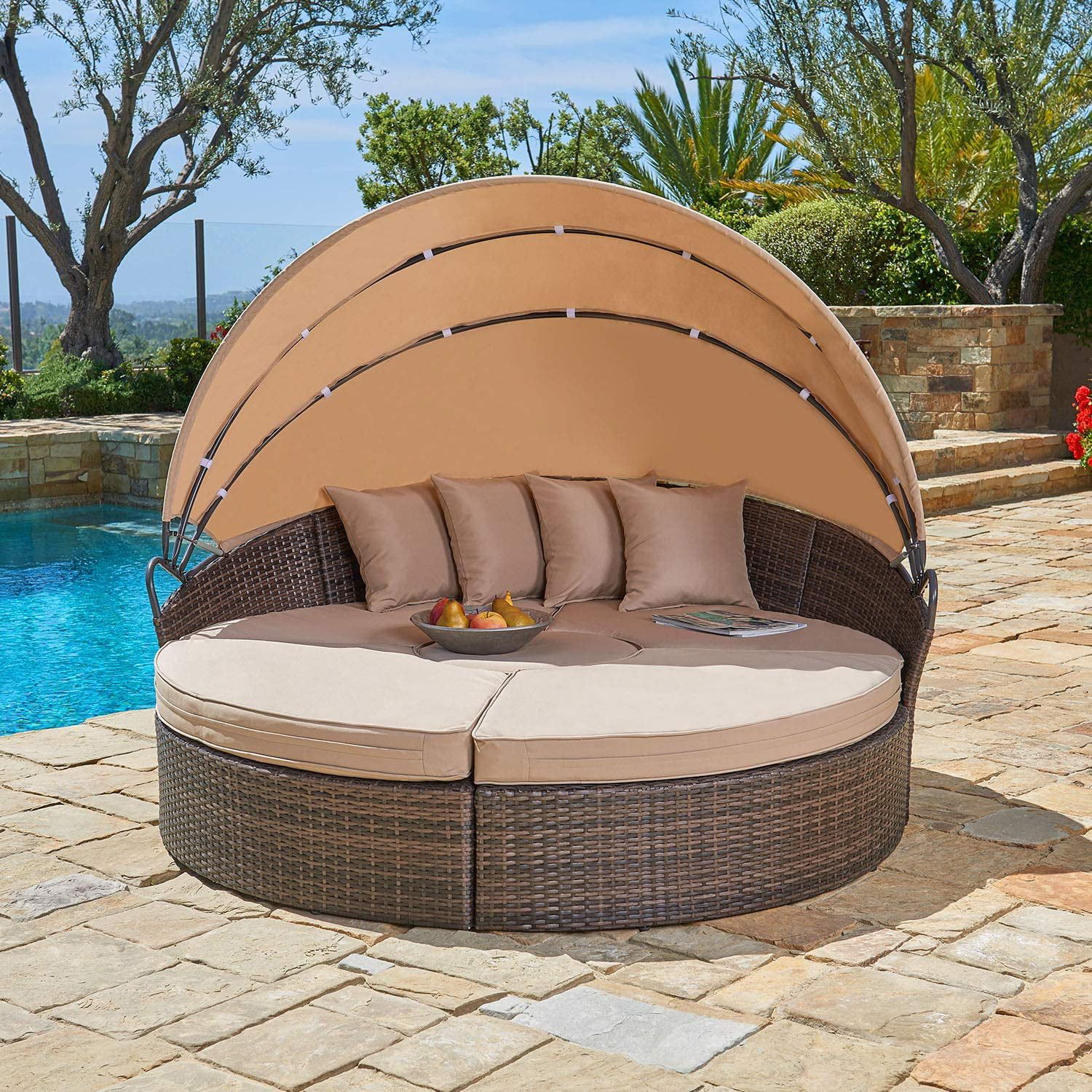 SUNCROWN 5-Piece Patio Furniture Outdoor Round Daybed with Retractable Canopy Brown Wicker Sectio... | Walmart (US)