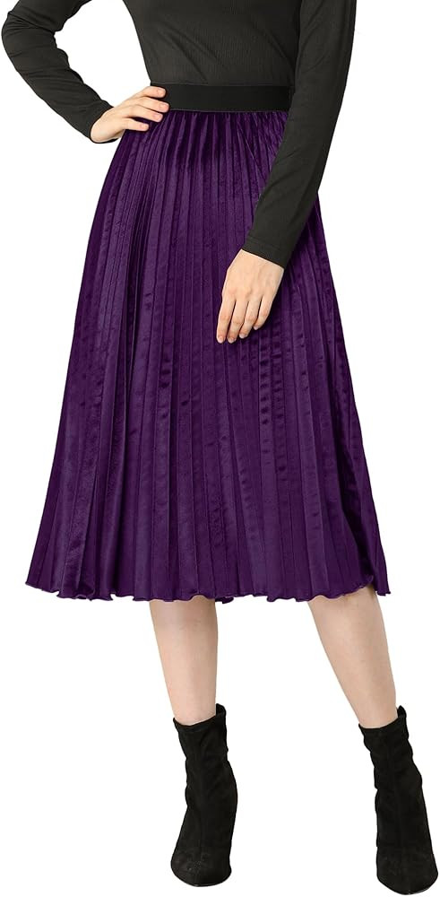 Allegra K Women's Fall Winter Elastic High Waist Flowy Swing Party Christmas Velvet Pleated Midi ... | Amazon (US)