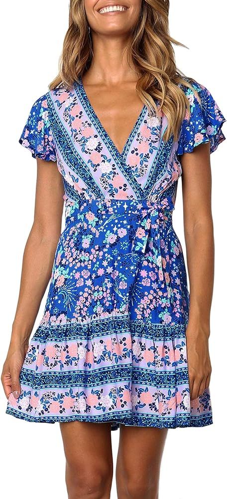 Women’s Summer Wrap V Neck Bohemian Floral Print Ruffle Swing A Line Beach Mini Dress | Amazon (US)