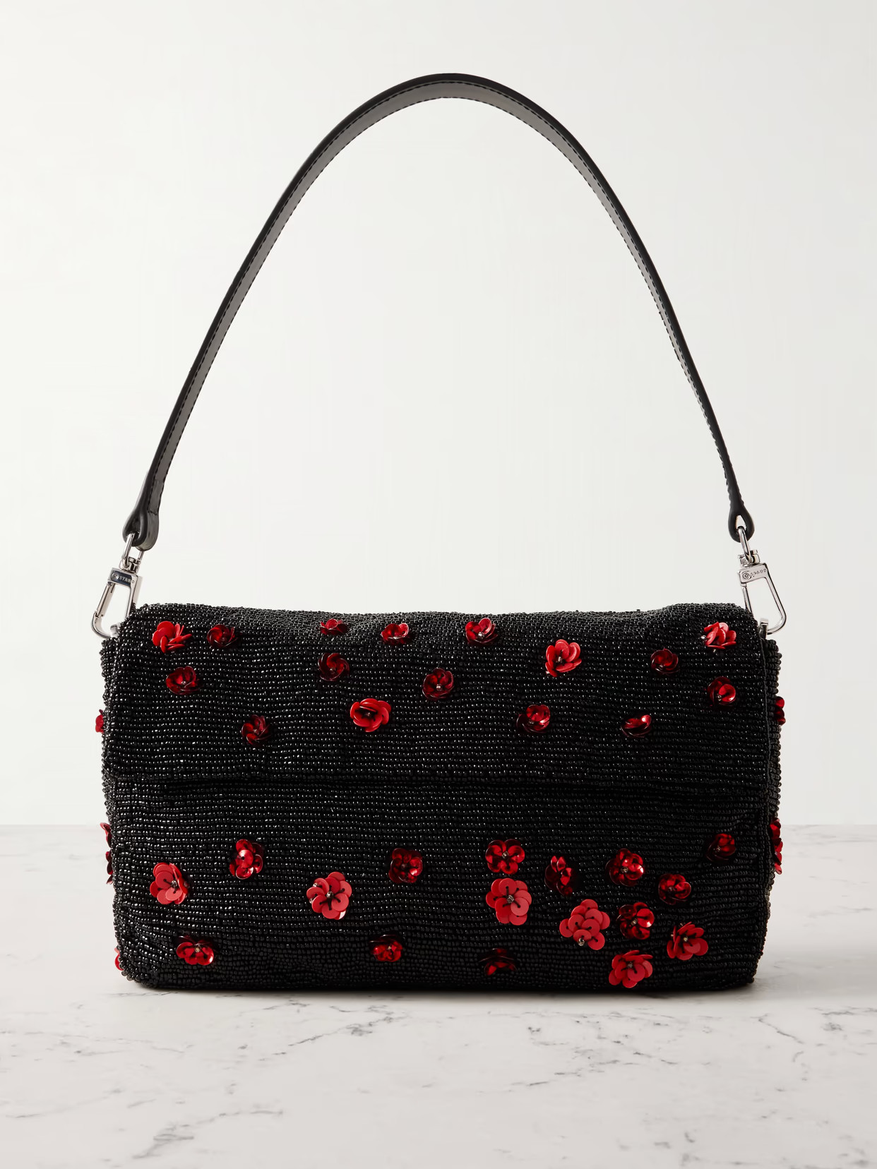 STAUD - Timmy Leather-trimmed Embellished Satin Shoulder Bag - Black | NET-A-PORTER (US)