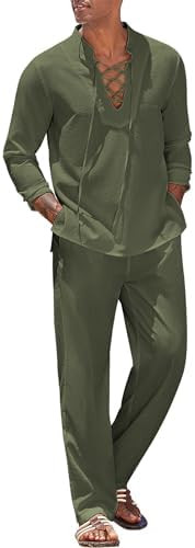 COOFANDY Men's 2 Piece Linen Set Long Sleeve Henley Shirts Casual Beach Pants With Pockets Summer... | Amazon (US)