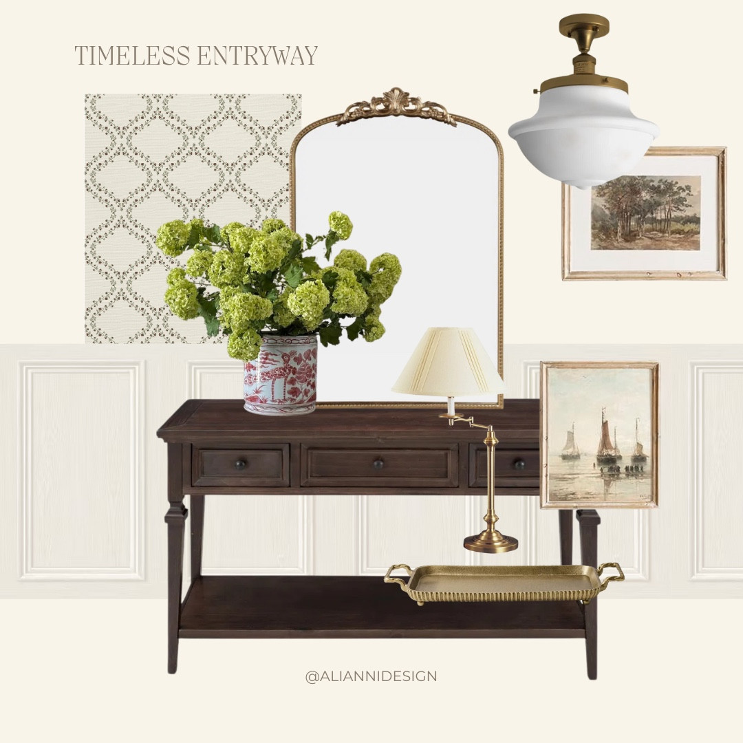 A timeless entryway inspired by the English countryside. 🌿 Soft, creamy walls paired with the Latticea wallpaper I designed for @artzaco_ create a cozy foundation, while darker wood tones in the console bring depth and warmth. I added seating (because why not add a lovely spot to slip off shoes?), a vintage-inspired rug to tie it all together, and touches of foliage to bring the outdoors in. 

Layering textures like wood, fabric, and wallpaper adds dimension, while small details—like a table lamp and personal artwork—make your space feel like home.

#LTKHome