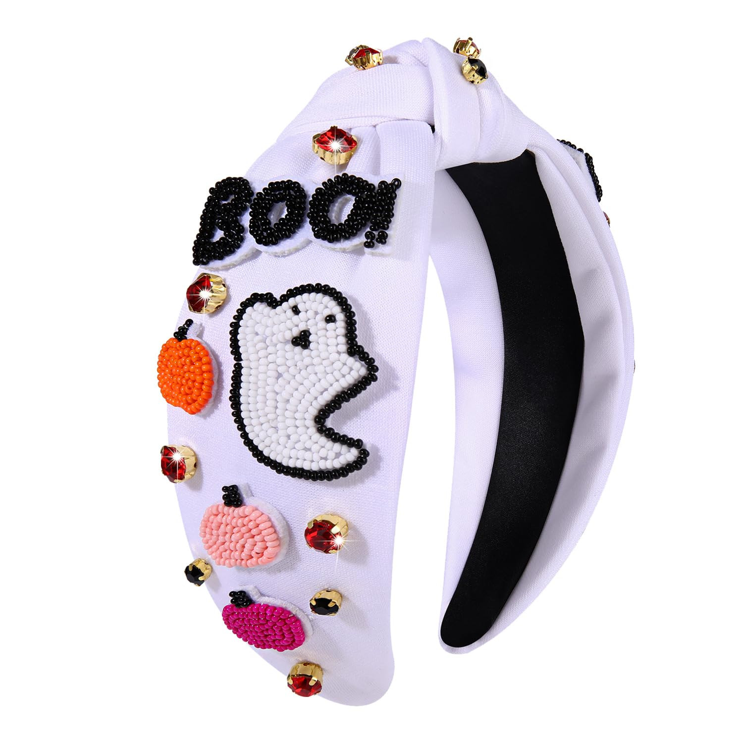 Halloween Headbands for Women, Rhinestone Crystal Embellished Knotted Headbands, Beaded Pumpkin Ghost Top Knot Headband Halloween Hair Accessories Party Favors Gifts (Ghost) | Amazon (US)