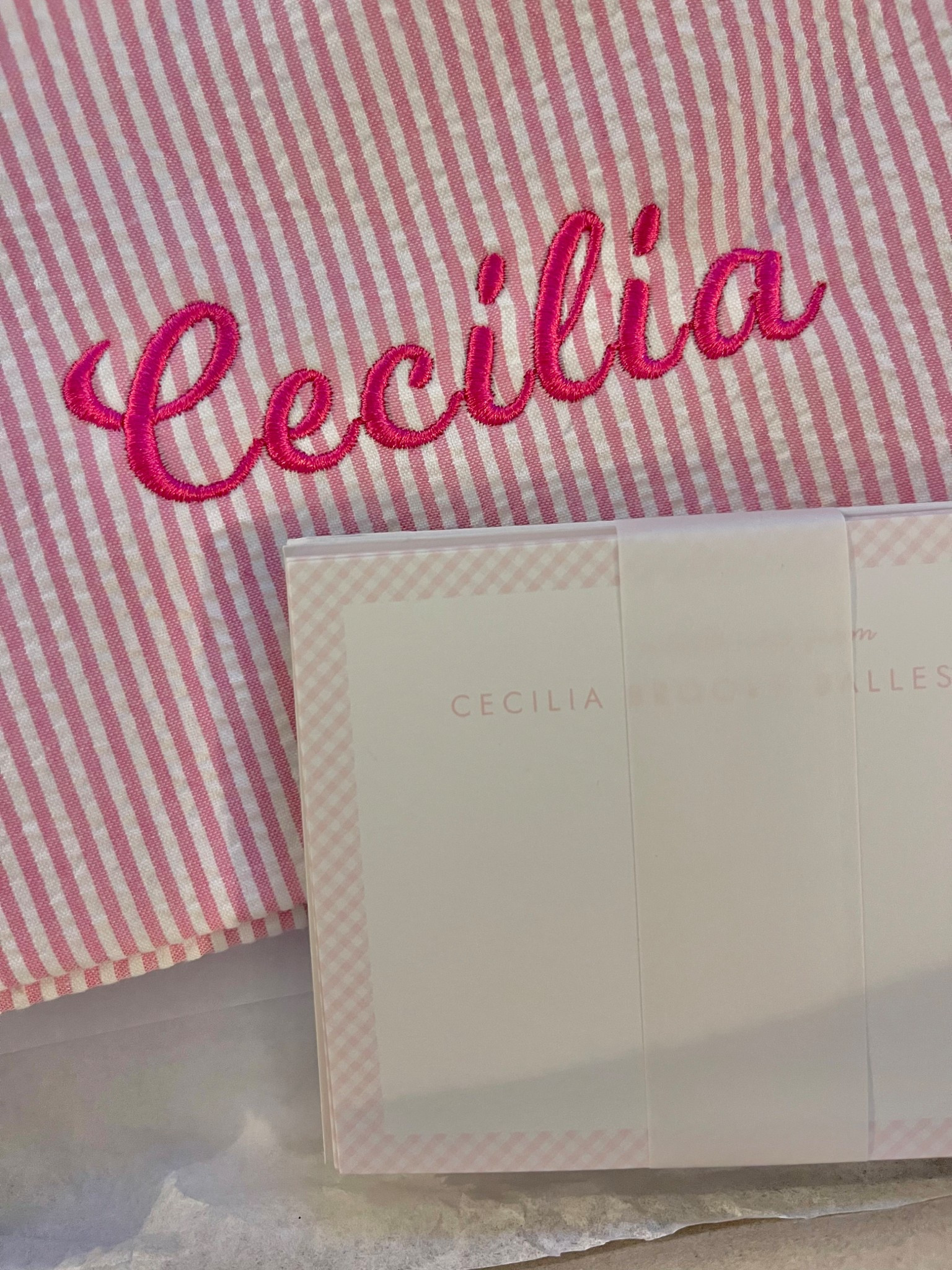 Personalized baby gift, new baby girl, customized seersucker pouch, stationery, custom notecards, gingham note card, pink, zazzle, Amazon 