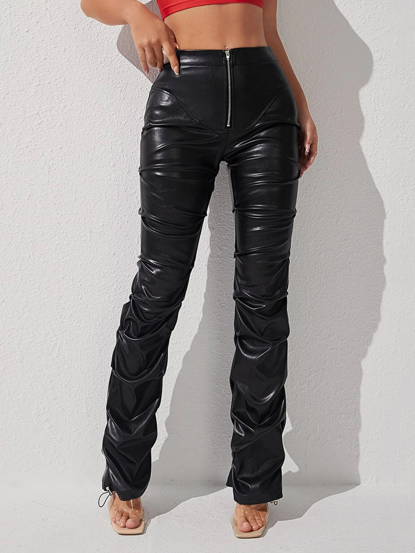 SHEIN PETITE Zip Front PU Leather Pants | SHEIN