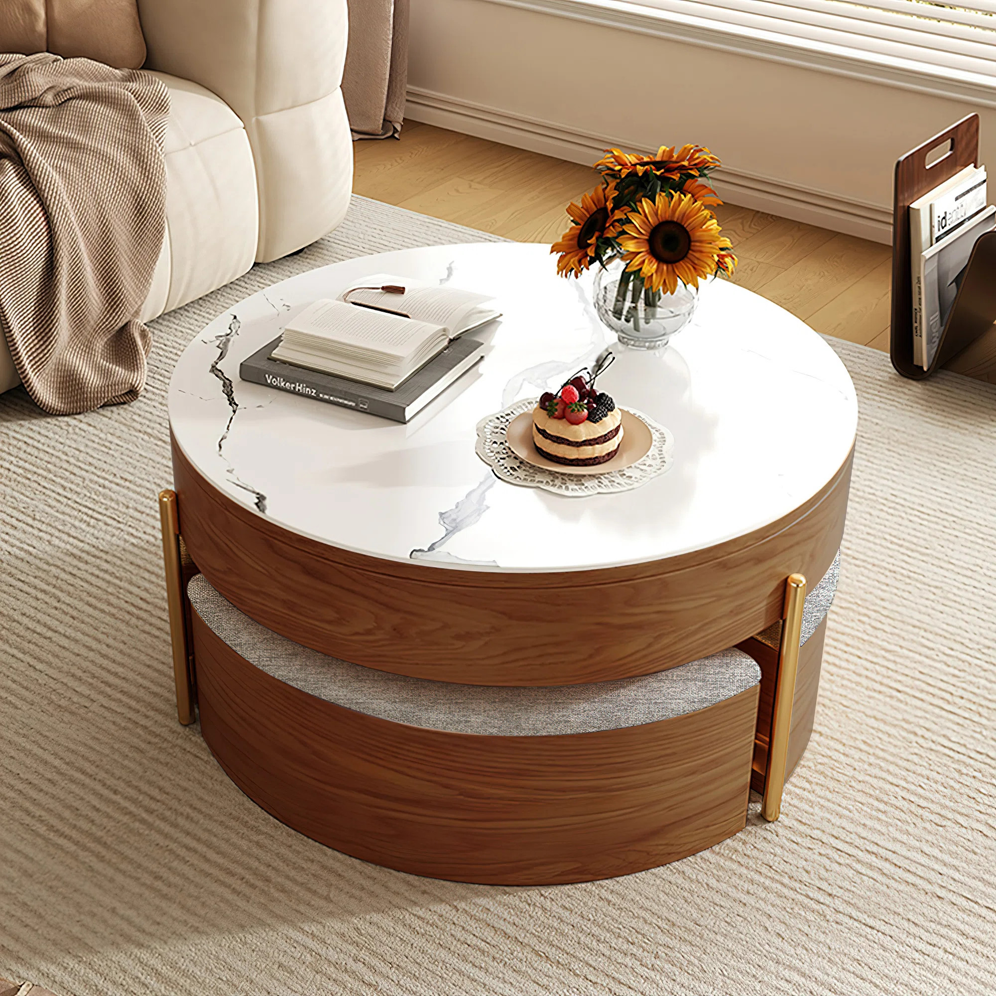 Doughlin Modern Round Lift-Top Coffee Table In White And Natural Wood | Wayfair North America