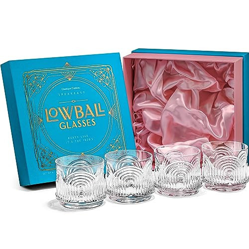 GLASSIQUE CADEAU Vintage Art Deco 1920s Lowball Cocktail Glasses | Set of 4 | 9 oz Crystal Old Fashioned Glassware for Drinking Classic Bar Drinks | Heavy Base Short Rocks Tumblers for Women | Amazon (US)