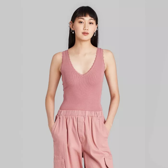 Women's Sleeveless V-Neck Lace Trim Bodysuit - Wild Fable™ Plum | Target