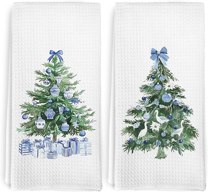 Chinoiserie Blue Christmas Tree Kitchen Towel and Dish Towel Set of 2, Coquette Christmas Decor H... | Amazon (US)
