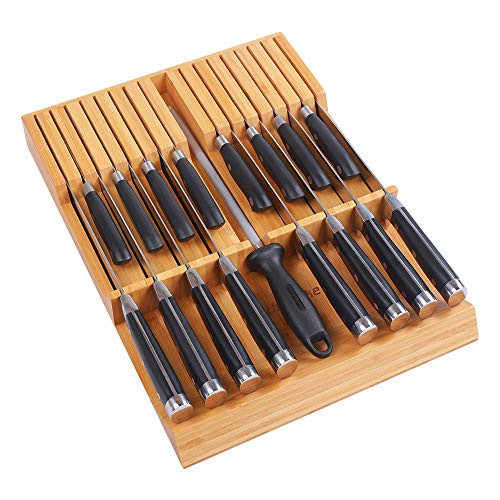 Utoplike In-drawer Knife Block Bamboo Kitchen Knife Drawer Organizer, Large handle Steak knife Holder without Knives, Fit for 16 knives and 1 Sharpening Steel (Not Included) | Amazon (US)