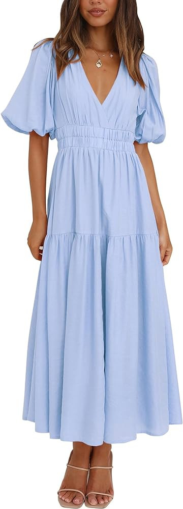 Lucrosun Women's Summer V Neck Short Puff Sleeve A Line Tiered Midi Dress | Amazon (US)