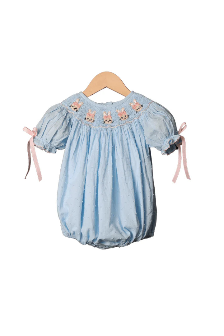 Smocked Sweet Bunny Blue Swiss Dot Bubble | The Smocked Flamingo