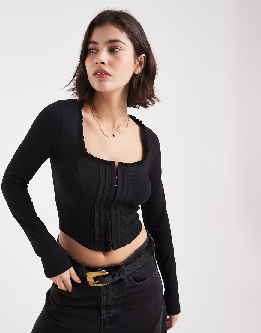 Miss Selfridge long sleeve corset top in black | ASOS (Global)