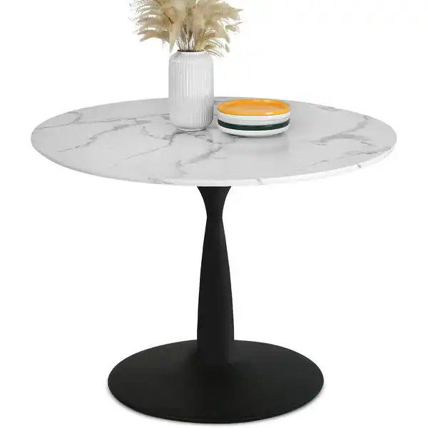 Round White Faux Marble Topped Round Pedestal Dining Table - 40"x40"x30" - Black | Bed Bath & Beyond
