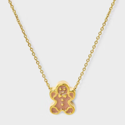 Tiny Tags 14K Gold Ion Plated with Brown Enamel Gingerbread Man Necklace - Gold | Target