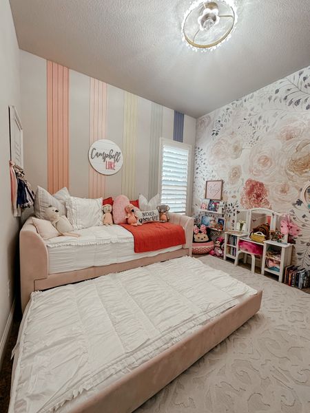 Daughters bedroom. Daybed. Bundle bed. Pink upholstered bed. Beddys bedding their charlotte. Peel and stick wallpaper. Kids bedroom. Toddler bedroom. #girlsroom #girlsbedroom #girlsbedding 

#LTKkids #LTKfamily #LTKhome