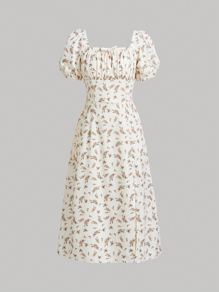 SHEIN Teen Girls' Woven Floral Square Neck Puff Sleeve Split Hem Casual Dress | SHEIN