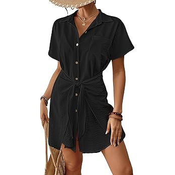 Bsubseach Womens Swimsuit Coverup Short Sleeve Button Down Tie Beach Shirt Dresses Summer Bathing... | Amazon (US)