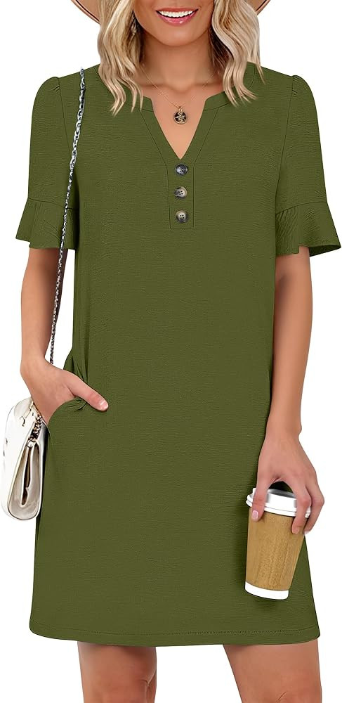 Prinbara Womens Summer Casual Dresses Ruffle Short Sleeve V Neck Button 2026 Spirng Vacation Beac... | Amazon (US)