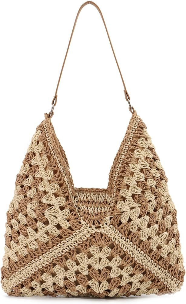 Straw Hobo Bag for Women Summer Crochet Bag Straw Beach Bag Woven Shoulder Bag Straw Tote Bag | Amazon (US)