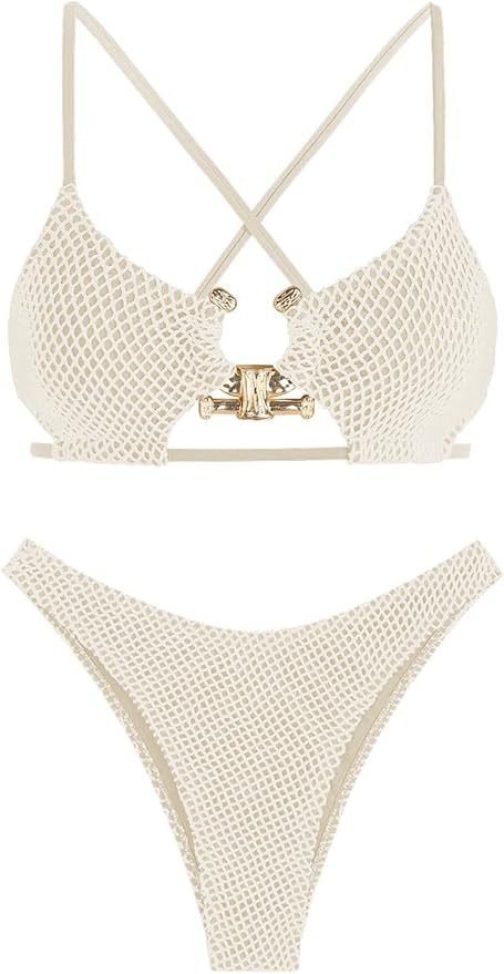 ZAFUL Women's Cutout Bikini Criss Cross Textured Metal High Leg Bikini Sets Cheeky Swimwear Two P... | Amazon (US)