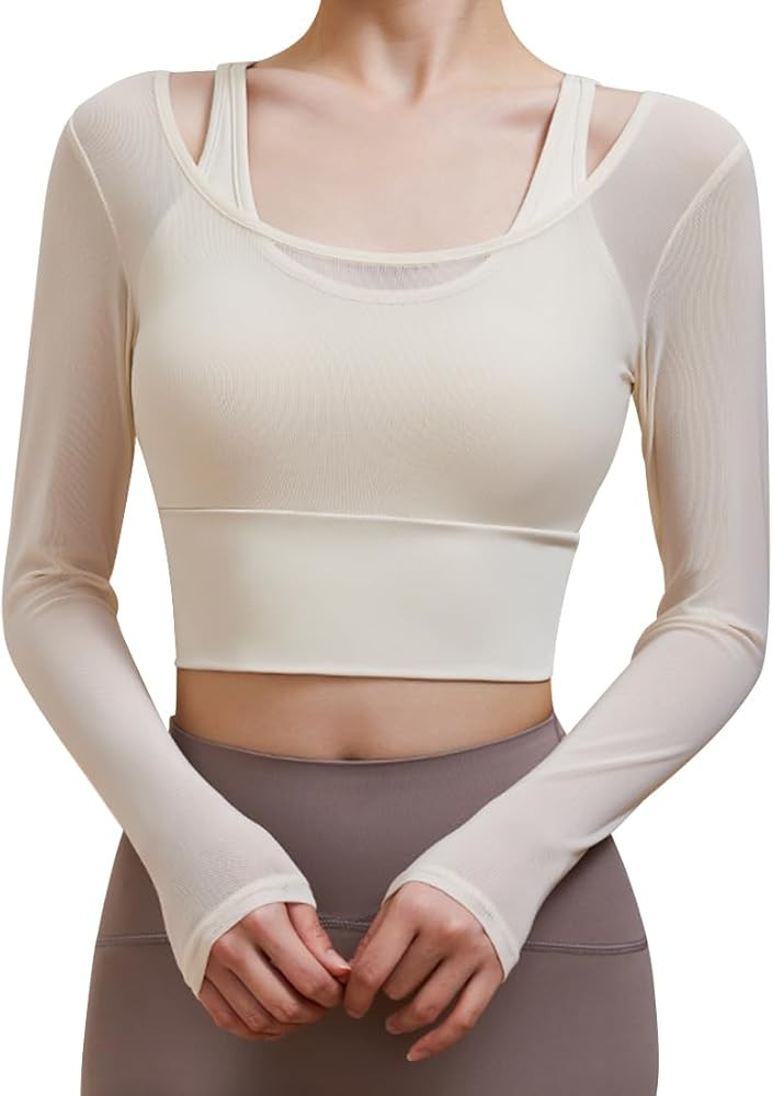 Harssidanzar Women's 2 in 1 Yoga Long Sleeve Mesh Gym Athletic Tops Workout Shirts with Medium Su... | Amazon (US)