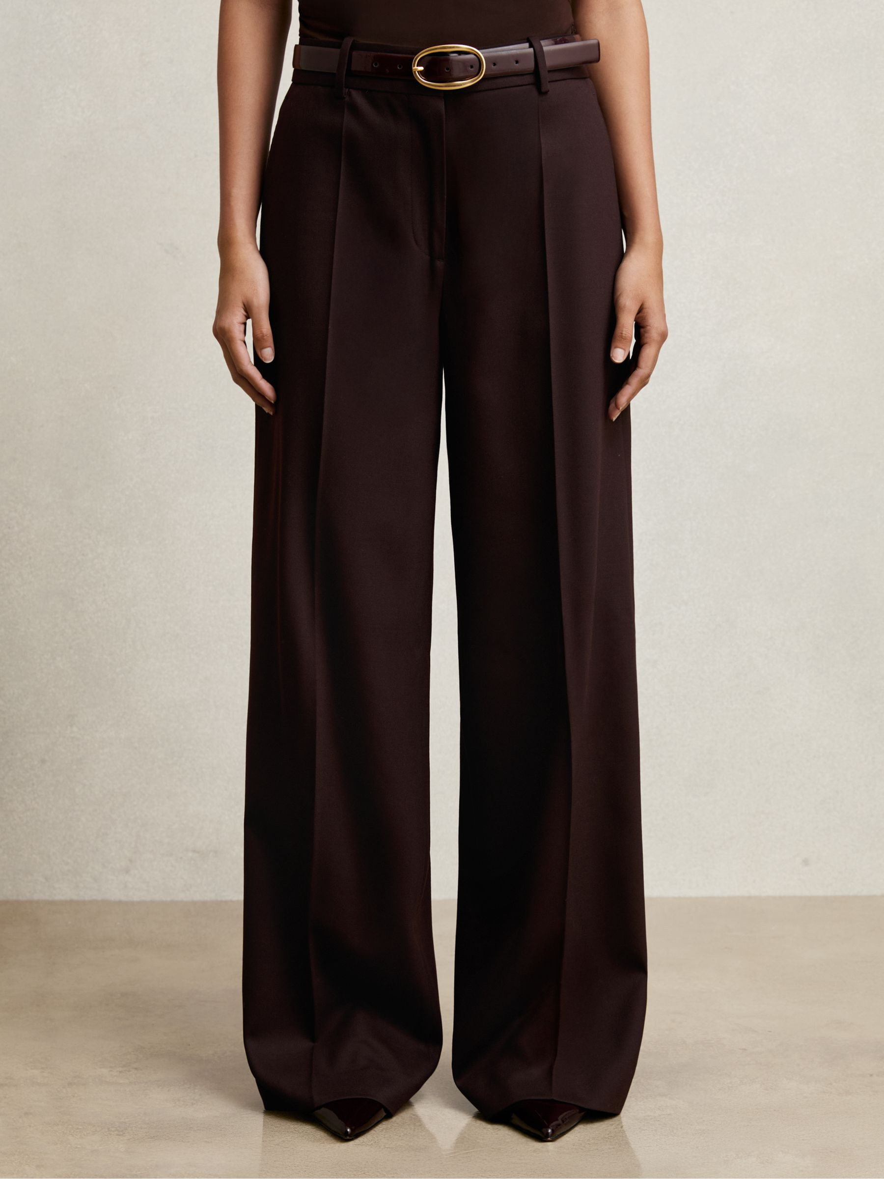 Wool-Blend Wide-Leg Suit Trousers in Aubergine | Reiss US