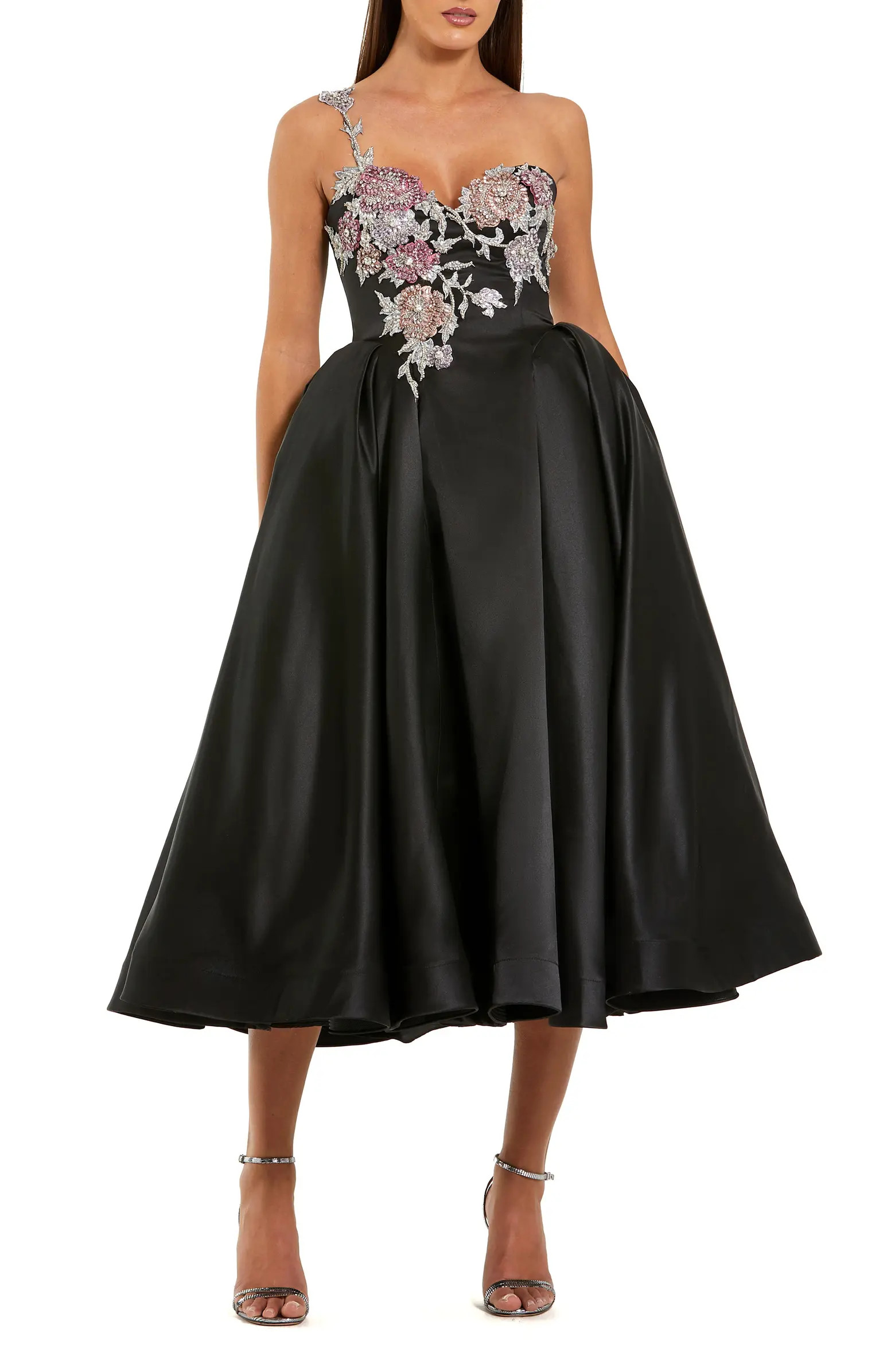 Mac Duggal One Shoulder Satin Midi Dress With Beaded Flowers | Nordstrom | Nordstrom