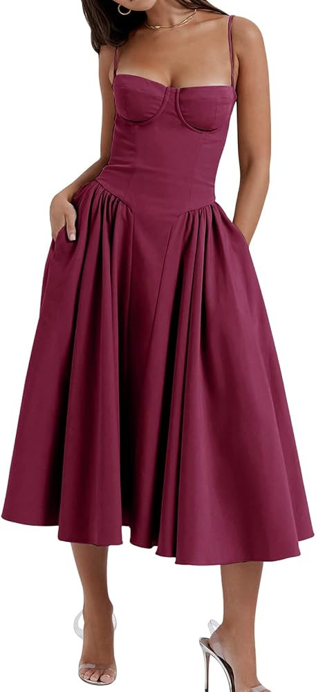 Womens Corset Dress Elegant Spaghetti Strap Midi Dress Flowy Pleated Hem Low Cut Prom Dresses Flo... | Amazon (US)