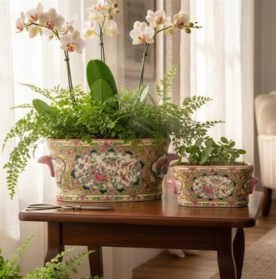 Vintage Style Chinese Rose Medallion Footbath Planters-Set of 2! Small/Large | eBay US