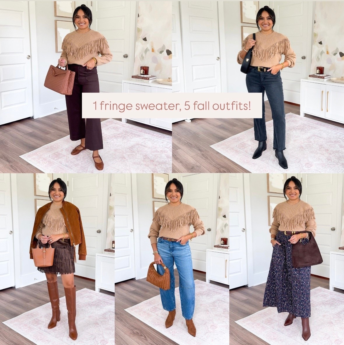 1 Fringe Sweater, 5 Fall Outfits
For reference: I’m 5’0, 32b bra size, and 2/26 in bottoms, pear shaped. 
*Everything I share is unaltered! TTS means true to size.

Robe size xs TTS 

Tan fringe sweater size xs petite TTS - I could have gone with the xxs petite for a more fitted look
Brown pants size 26, 26”inseam TTS
Brown flats size 5 TTS

Tan fringe sweater size xs petite TTS - I could have gone with the xxs petite for a more fitted look
Belt - old, similar linked
Black washed jeans size 2 petite TTS 
Black boots size 5.5 TTS

Tan fringe sweater size xs petite TTS - I could have gone with the xxs petite for a more fitted look
Brown fringe skirt size 2 regular - roomy in the waist
Suede jacket size 2US TTS
Medium brown boots size 5.5 TTS

Tan fringe sweater size xs petite TTS - I could have gone with the xxs petite for a more fitted look
Barrel jeans size 26 petite TTS
Brown belt in coffee size small TTS
Brown medium natural boots size 5.5 TTS

Tan fringe sweater size xs petite TTS - I could have gone with the xxs petite for a more fitted look
Belt size xs TTS
Floral skirt size xs regular TTS - I like the regular length compared to petite
Brown chocolate boots size 5.5 TTS

Fringe Sweater Outfits
5 Ways to Style a Sweater
Fall Outfit Ideas 2025
Fall Capsule Wardrobe Outfits
How to Style a Statement Sweater
Petite Fall Style
Petite Friendly Outfits
Petite Capsule Wardrobe
Petite Fall Outfit Ideas
Petite 5’0 Fashion
Rachel Miranda Blog
Honeysweetpetite
Honey Sweet Petite


#LTKPetite #LTKStyleTip #LTKSaleAlert