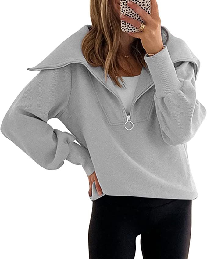 Yousify Women Quarter Zip Up Sweatshirt Lapel Long Sleeve Drop Shoulder Pullover Hoodie | Amazon (US)