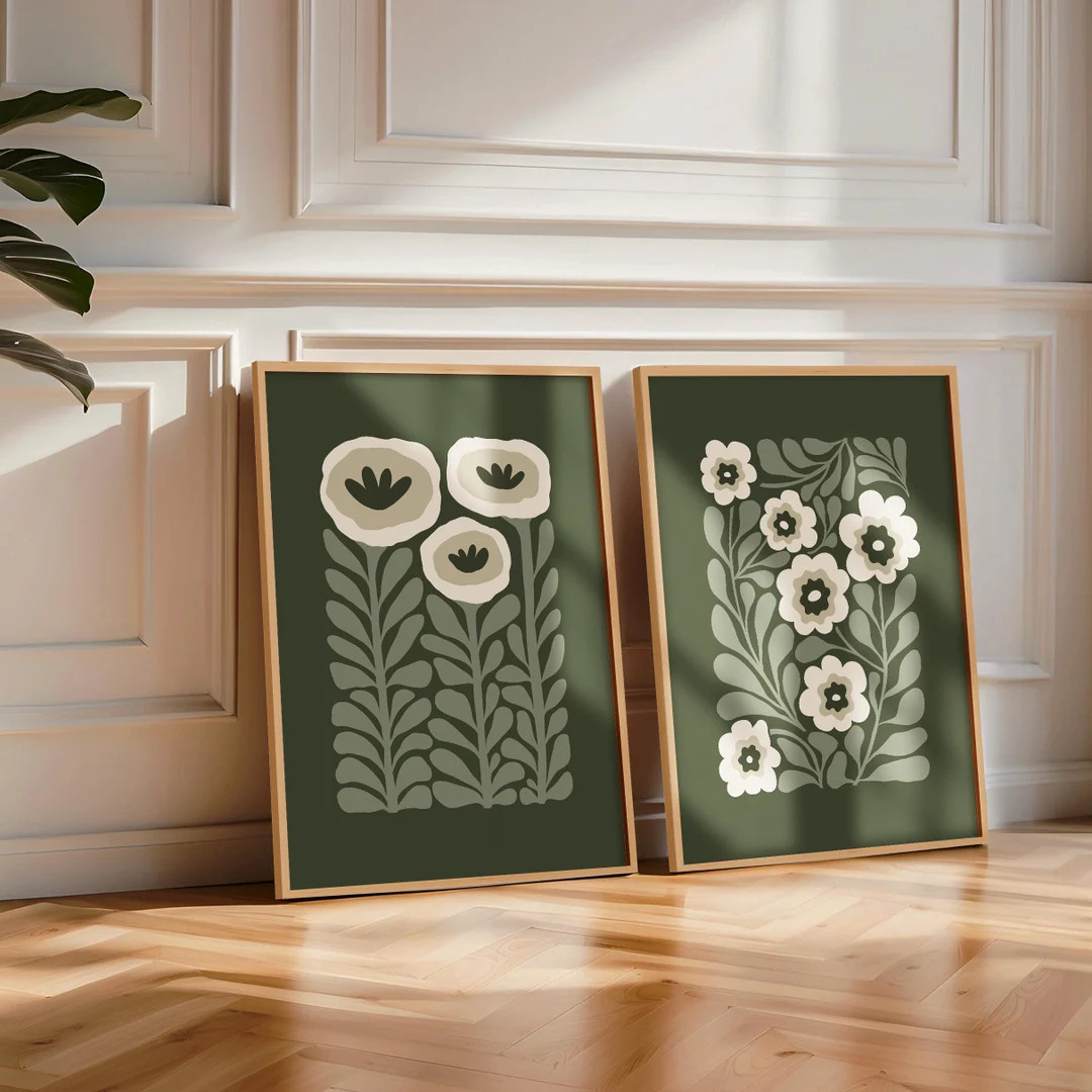 Dark Green Floral Print Set of 2 Moody Wall Art, Emerald Green Abstract Flower Art, Matisse Flowe... | Etsy (US)