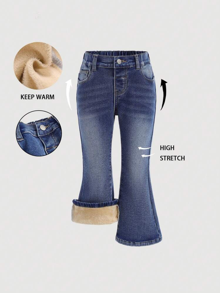 SHEIN Young Girl Cute Blue Denim Thermal Lined Flared Pants, Thick Denim Flared Warm Jeans, Girls... | SHEIN