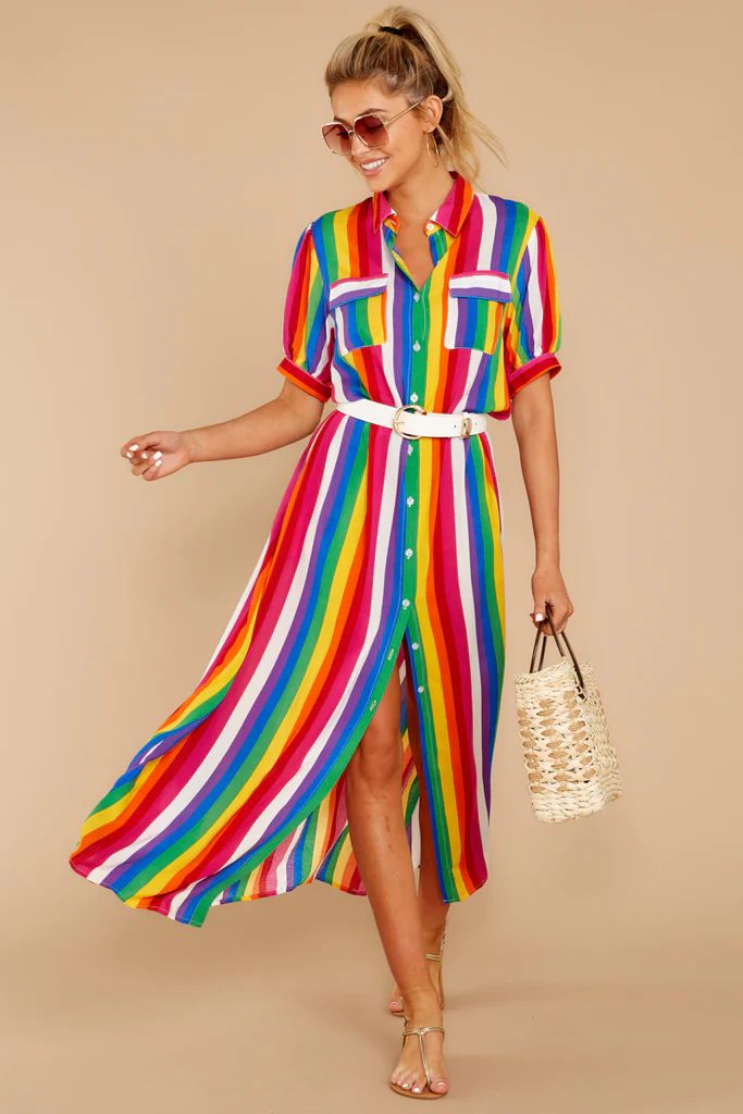 Jubilee With Me Rainbow Stripe Button Up Maxi Dress | Red Dress 