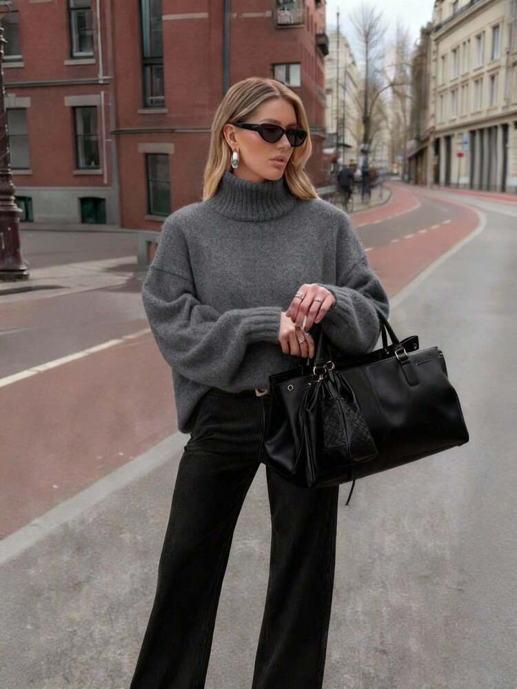 FOR BEAUTY Women's Autumn/Winter New High Neck Grey Simple Commuting Style Sweater, Fashionable Slim Fit, Elegant Fashion, Ribbed Long Sleeve Daily Leisure And Versatile Commuting Lazy Style Warm Knitted Sweater Top New Year | SHEIN