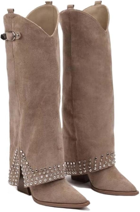 Women's Studded Knee High Boots Western Style Suede Leather Boots Pointed Toe Low Block Heel Fash... | Amazon (US)