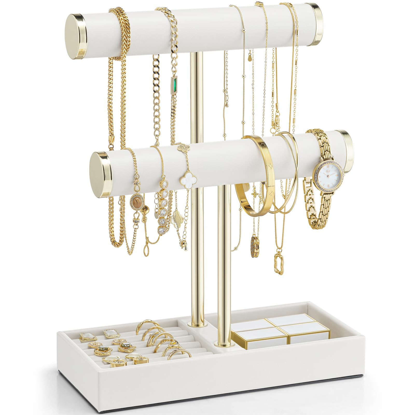 Vlando 2 Tier Bracelet Holder 0rganizer with Tray - Leather Jewelry Stand Organizer for Women - Jewelry Holder Display for Necklace, Watches, Rings, Earrings, Bangle, Scrunchie - White | Amazon (US)