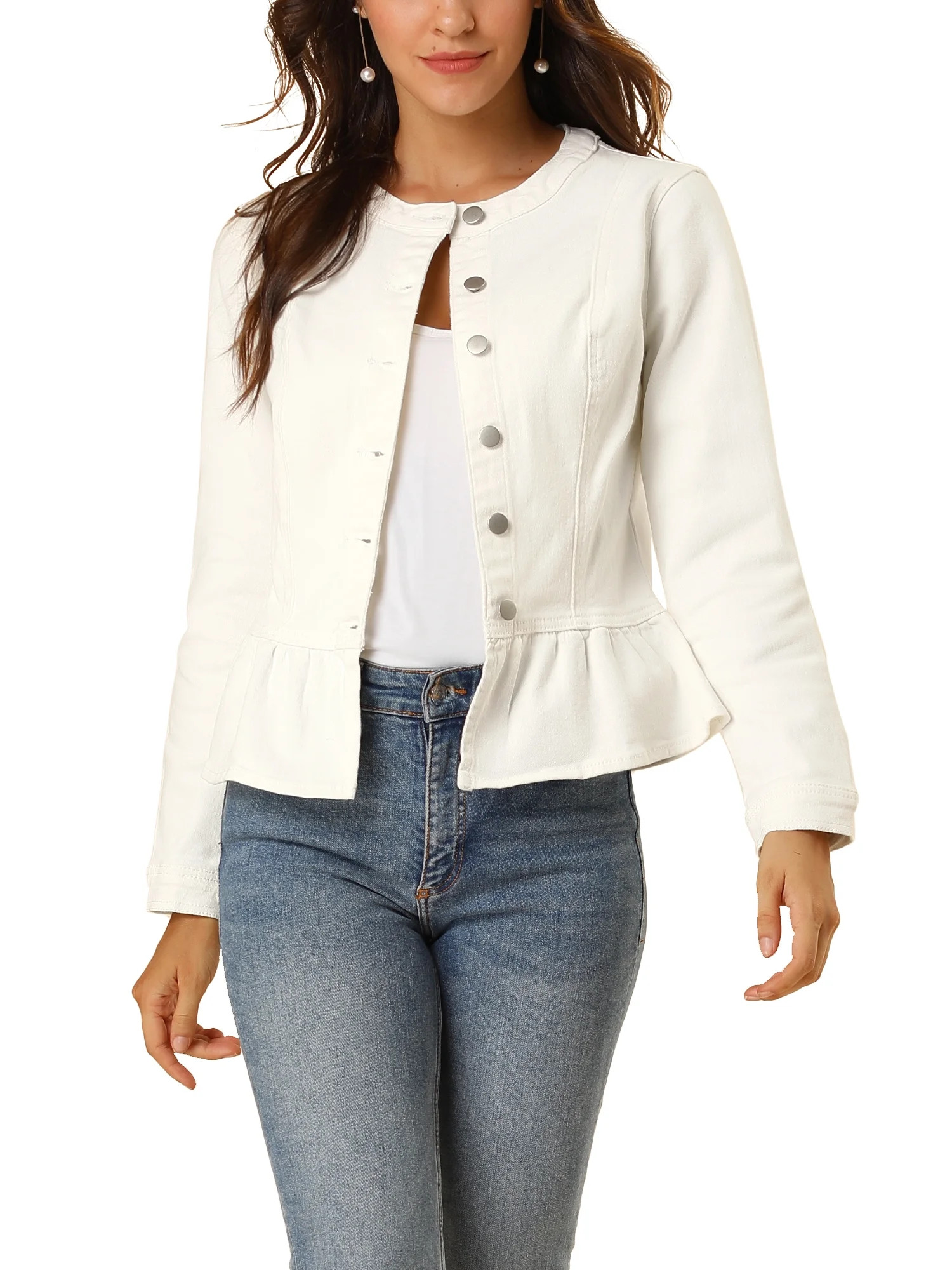 INSPIRE CHIC Women's Denim Jacket Button Down Peplum Hem Long Sleeves Cropped Washed Jean Jacket ... | Walmart (US)