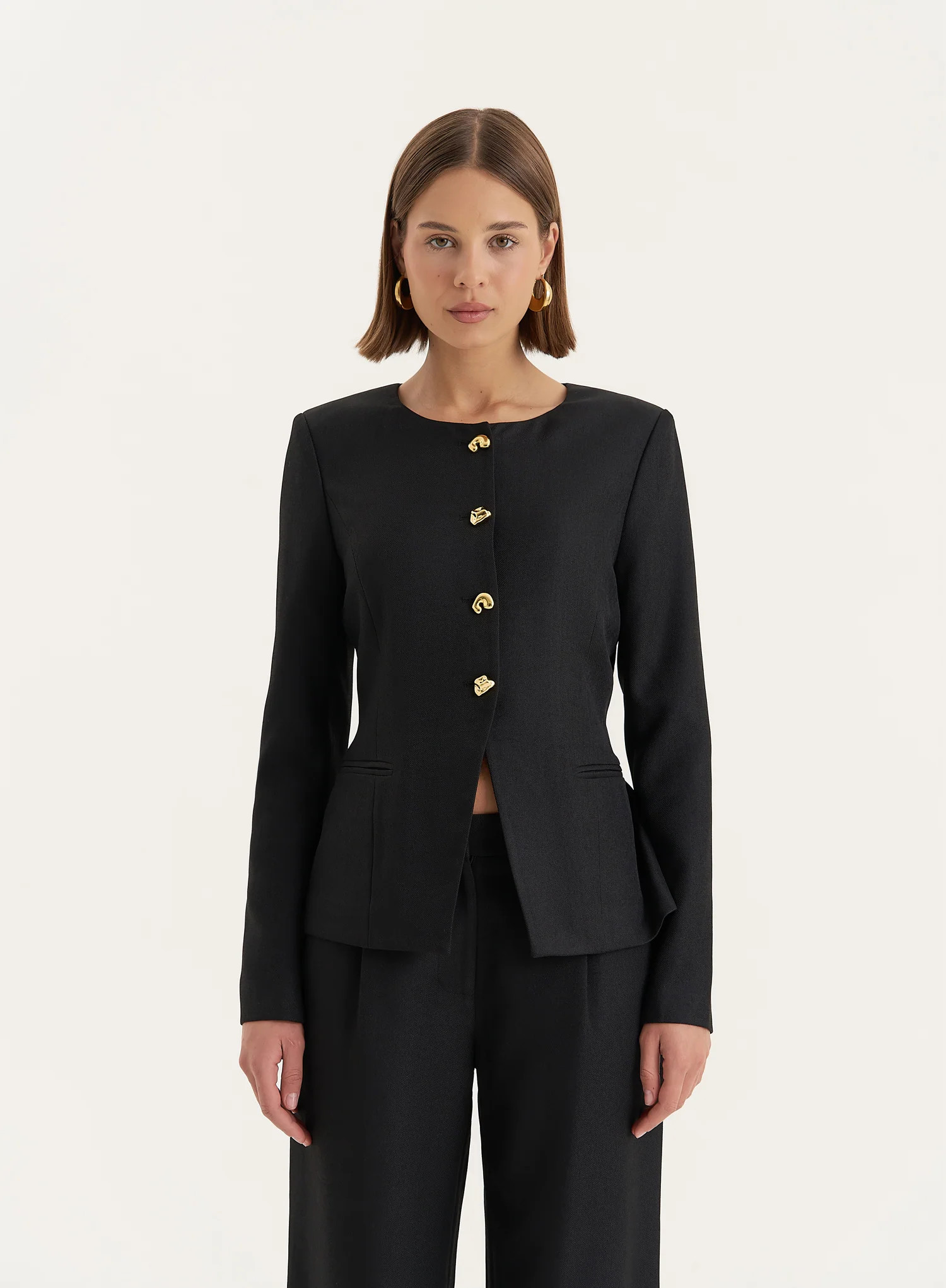 Black Tailored Gold Button Front Split Blazer- Polly | 4th & Reckless